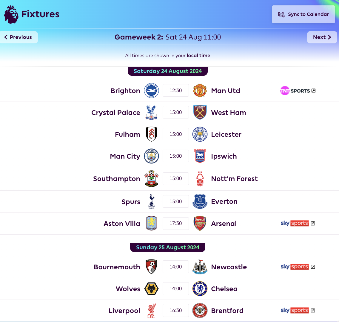 FPL GW2 Fixtures